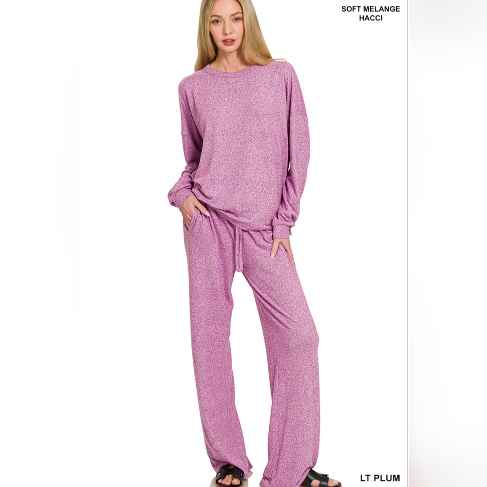 Zenana Soft Melange Hacci Lounge Set Small Light Plum Long Sleeve Top Pants